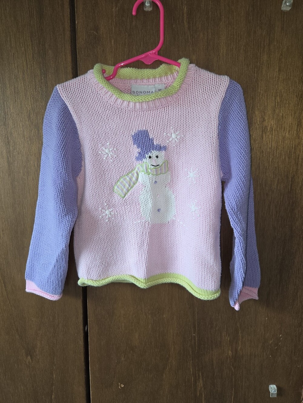 Y2K Sonoma Pink & Lavender Snowman Knit Sweater with Lime Trim - 4T